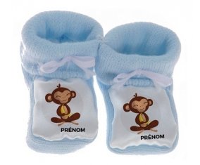 Chausson bébé Singe style 3 + prénom de couleur Bleu