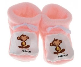 Chausson bébé Singe style 3 + prénom de couleur Rose