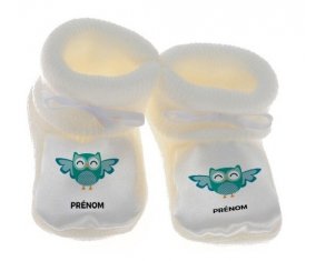 Chausson bébé hibou rigolo + prénom de couleur Blanc