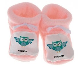 Chausson bébé hibou rigolo + prénom de couleur Rose