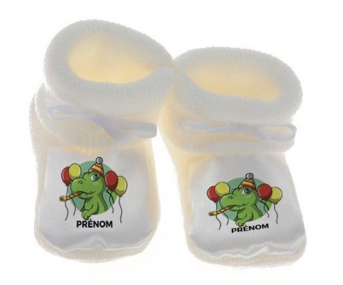 Chausson bébé Croco anniversaire + prénom de couleur Blanc