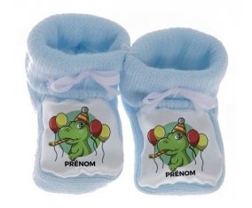 Chausson bébé Croco anniversaire + prénom de couleur Bleu