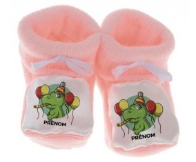 Chausson bébé Croco anniversaire + prénom de couleur Rose