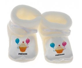 Chausson bébé Gâteau ballon anniversaire + prénom de couleur Blanc
