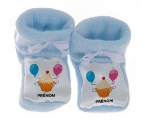 Chausson bébé Gâteau ballon anniversaire + prénom de couleur Bleu