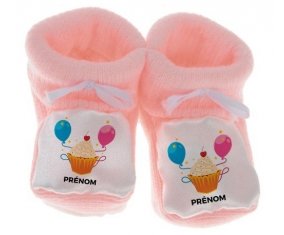 Chausson bébé Gâteau ballon anniversaire + prénom de couleur Rose
