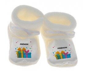 Chausson bébé Cadeaux anniversaire style 2 + prénom de couleur Blanc