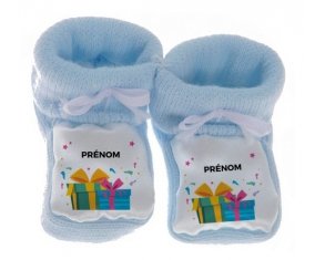 Chausson bébé Cadeaux anniversaire style 2 + prénom de couleur Bleu