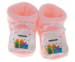 Chausson bébé Cadeaux anniversaire style 2 + prénom de couleur Rose
