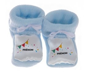 Chausson bébé Guirlande + prénom de couleur Bleu
