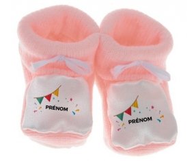 Chausson bébé Guirlande + prénom de couleur Rose