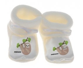 Chausson bébé Paresseux arbre style 1 + prénom de couleur Blanc