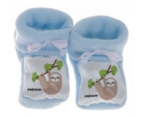 Chausson bébé Paresseux arbre style 1 + prénom de couleur Bleu