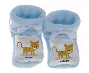 Chausson bébé Tigre style 2 + prénom de couleur Bleu