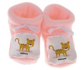Chausson bébé Tigre style 2 + prénom de couleur Rose