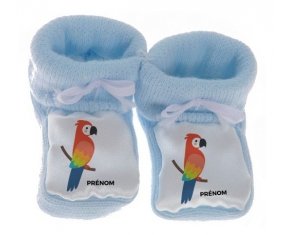 Chausson bébé Perroquet + prénom de couleur Bleu