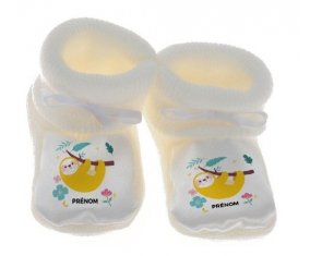 Chausson bébé Paresseux arbre style 2 + prénom de couleur Blanc