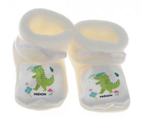 Chausson bébé Croco + prénom de couleur Blanc