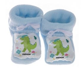 Chausson bébé Croco + prénom de couleur Bleu