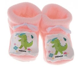 Chausson bébé Croco + prénom de couleur Rose