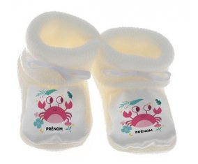 Chausson bébé Crabe + prénom de couleur Blanc