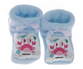 Chausson bébé Crabe + prénom de couleur Bleu