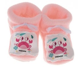 Chausson bébé Crabe + prénom de couleur Rose