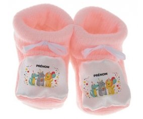 Chausson bébé Fête d'anniversaire + prénom de couleur Rose