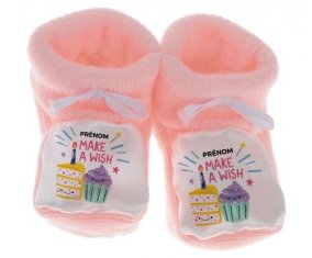 Chausson bébé Make a wish + prénom de couleur Rose