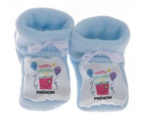 Chausson bébé Happy birthday style 4 + prénom de couleur Bleu