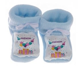 Chausson bébé Happy birthday style 5 + prénom de couleur Bleu