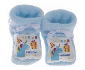 Chausson bébé Licorne anniversaire + prénom de couleur Bleu