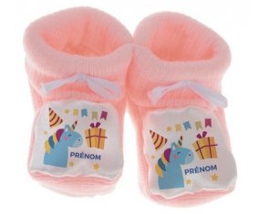 Chausson bébé Licorne anniversaire + prénom de couleur Rose