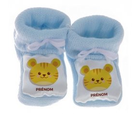Chausson bébé Tigre style 3 + prénom de couleur Bleu