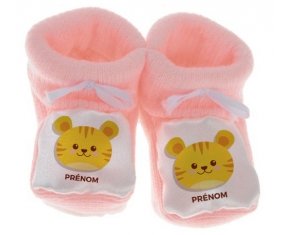 Chausson bébé Tigre style 3 + prénom de couleur Rose