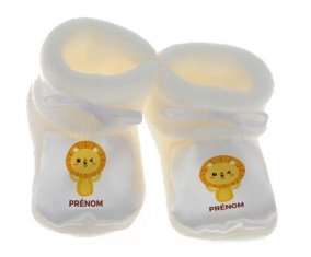 Chausson bébé Lion style 4 + prénom de couleur Blanc
