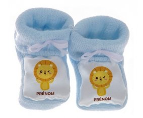 Chausson bébé Lion style 4 + prénom de couleur Bleu