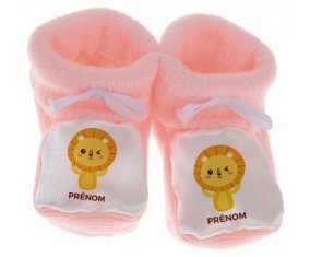 Chausson bébé Lion style 4 + prénom de couleur Rose