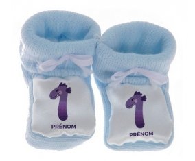 Chausson bébé un an anniversaire style 1 + prénom de couleur Bleu