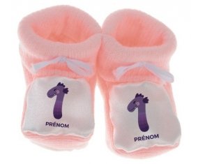 Chausson bébé un an anniversaire style 1 + prénom de couleur Rose