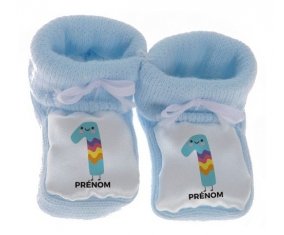 Chausson bébé un an anniversaire style 2 + prénom de couleur Bleu