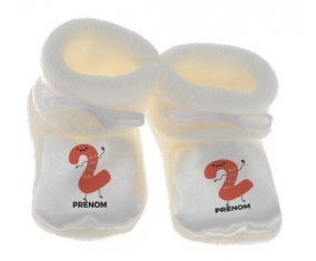 Chausson bébé Deux ans anniversaire style 2 + prénom de couleur Blanc