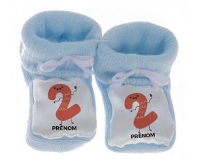 Chausson bébé Deux ans anniversaire style 2 + prénom de couleur Bleu