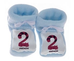 Chausson bébé Deux ans anniversaire style 4 + prénom de couleur Bleu