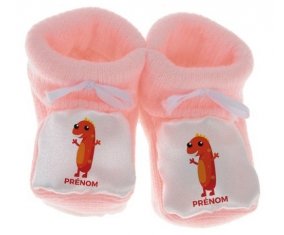 Chausson bébé un an anniversaire style 5 + prénom de couleur Rose