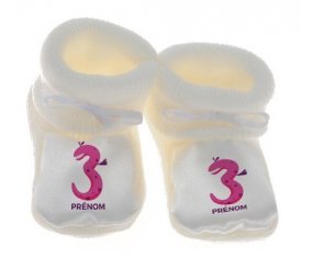 Chausson bébé Trois ans anniversaire style 5 + prénom de couleur Blanc