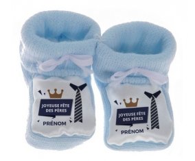 Chausson bébé Joyeuse Fêtes des pères style 2 garçon + prénom de couleur Bleu