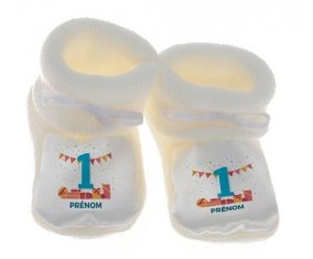 Chausson bébé un an anniversaire style 6 + prénom de couleur Blanc