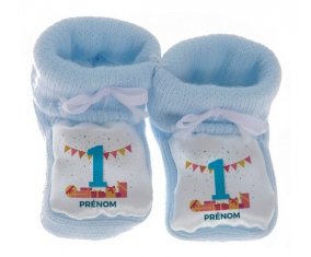 Chausson bébé un an anniversaire style 6 + prénom de couleur Bleu