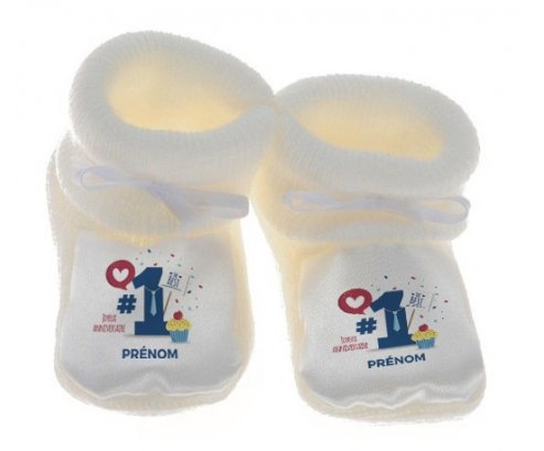 Chausson bébé un an anniversaire style 7 + prénom de couleur Blanc